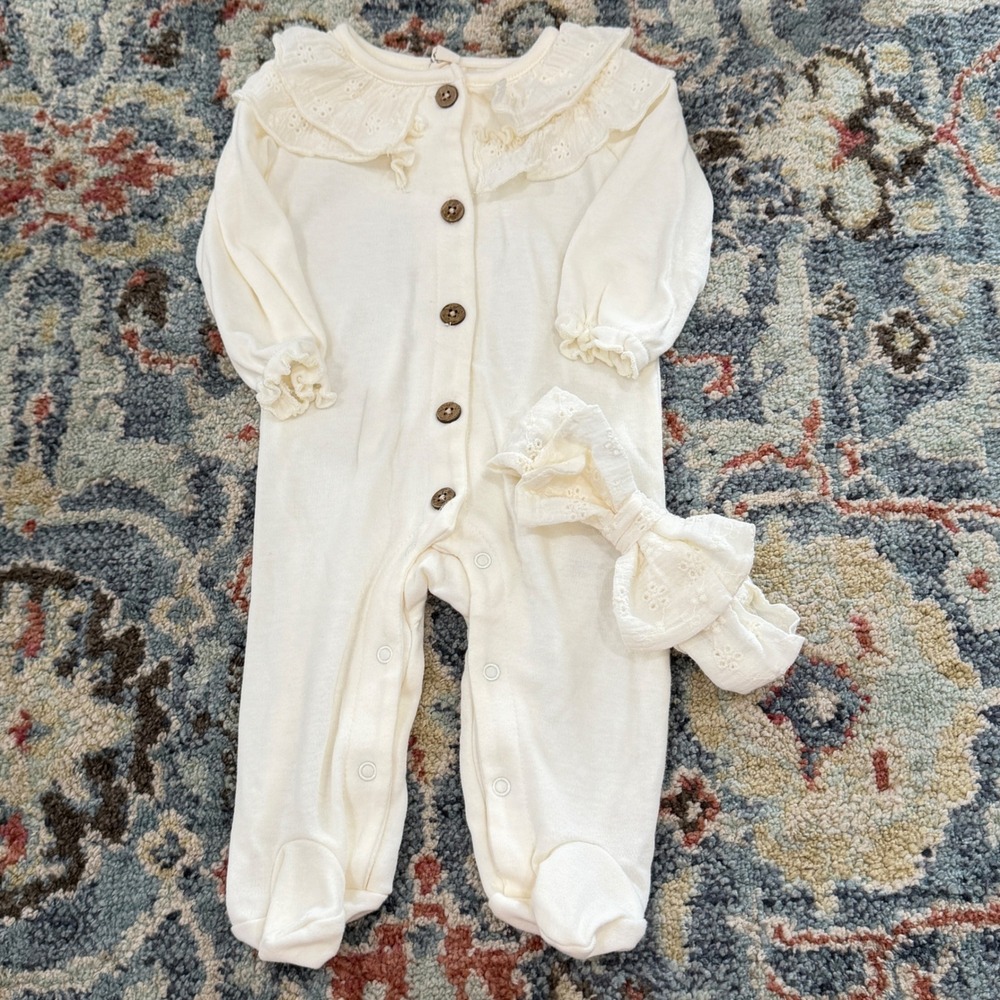 Snug Footed Sleeper Girls 0-3M Cream Eyelet Ruffle Cottagecore EUC